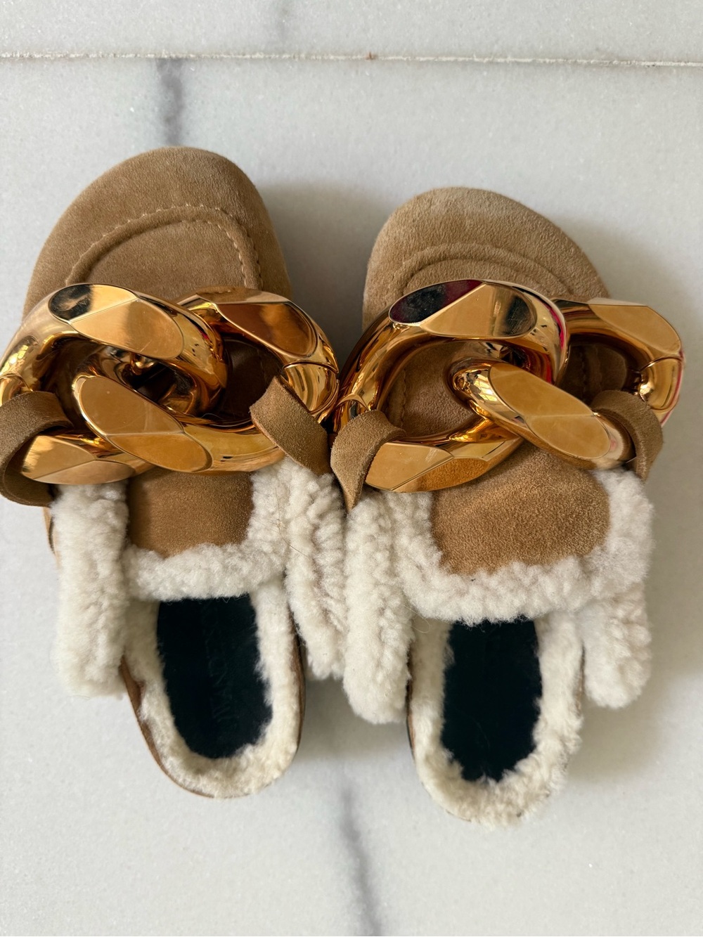 JW ANDERSON Tan Suede Shearling Mules with Gold Chain